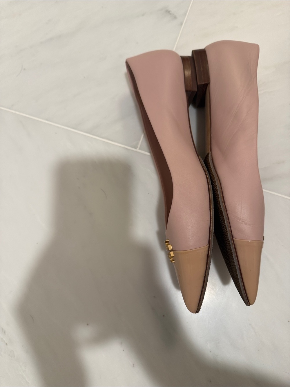 Tory Burch Blush Pink Pointed Toe Ballet Flats with Tan Patent Cap - Picture 4 of 7